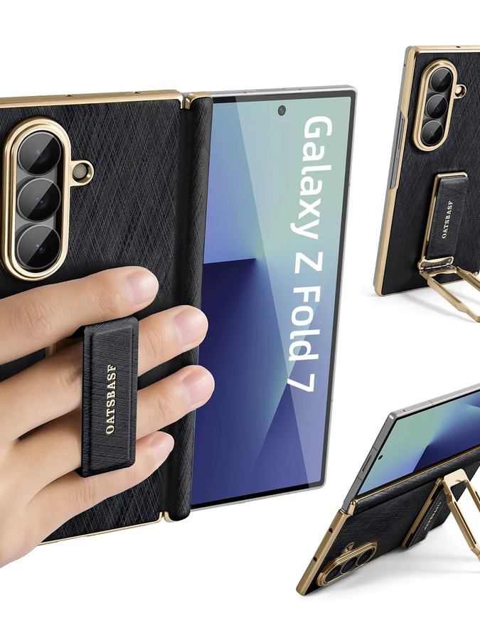 Oatsbasf Handyhülle für Samsung Galaxy Fold 7 aus Leder mit Trageriemen und 360 Grad drehbarem Metallständer in Schwarz und Silber - Bild 6
