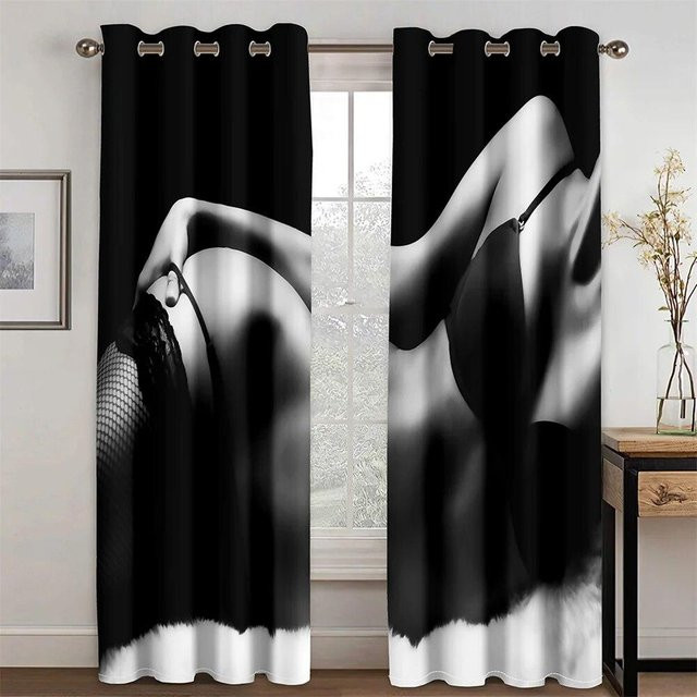 A Family Of Home Textiles Verdunkelungsvorhang mit 3D-Druck Bikini-Motiv, 2-teiliges Set, Schwarz, Breite: 50 cm, Höhe: 130 cm - Bild 1