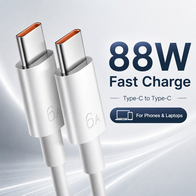 USB-C zu USB-C Schnellladekabel 88W 6A in Weiß für Handys, Laptops und Tablets mit Datensynchronisation - Bild 1