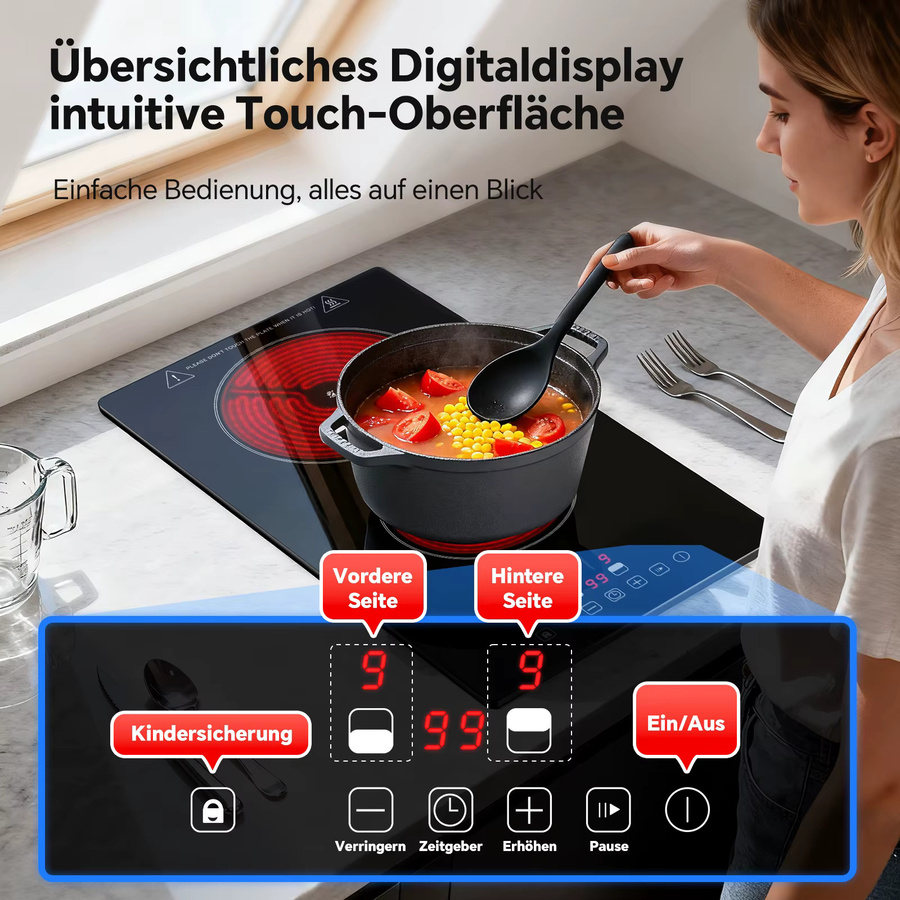 KICHPOWER 2-Zonen-Keramikkocher mit 3000 W, Kindersicherung, 9 Heizstufen und Timer, Schwarz - Bild 5