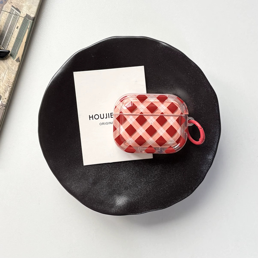 Transparente Kopfhörerhülle mit Diamond Grid Argyle Muster für Apple AirPods Pro 1, 2 und 3 in Braun, Rot und Orange - Bild 3