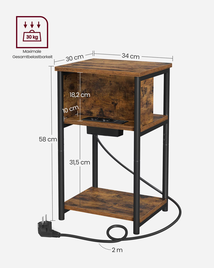 VASAGLE Beistelltisch in Braun mit Steckdosen und USB-Anschlüssen, schmaler Nachttisch im Industrial Design, B/T/H: 30 x 34 x 58 cm - Bild 3