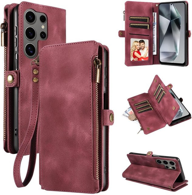 Lederhülle mit Reißverschluss und Riemen für Samsung Galaxy S26 S25 Ultra S24 Plus S23 FE S22 S21 in Rot mit Kartenfach und Geldtasche - Bild 1