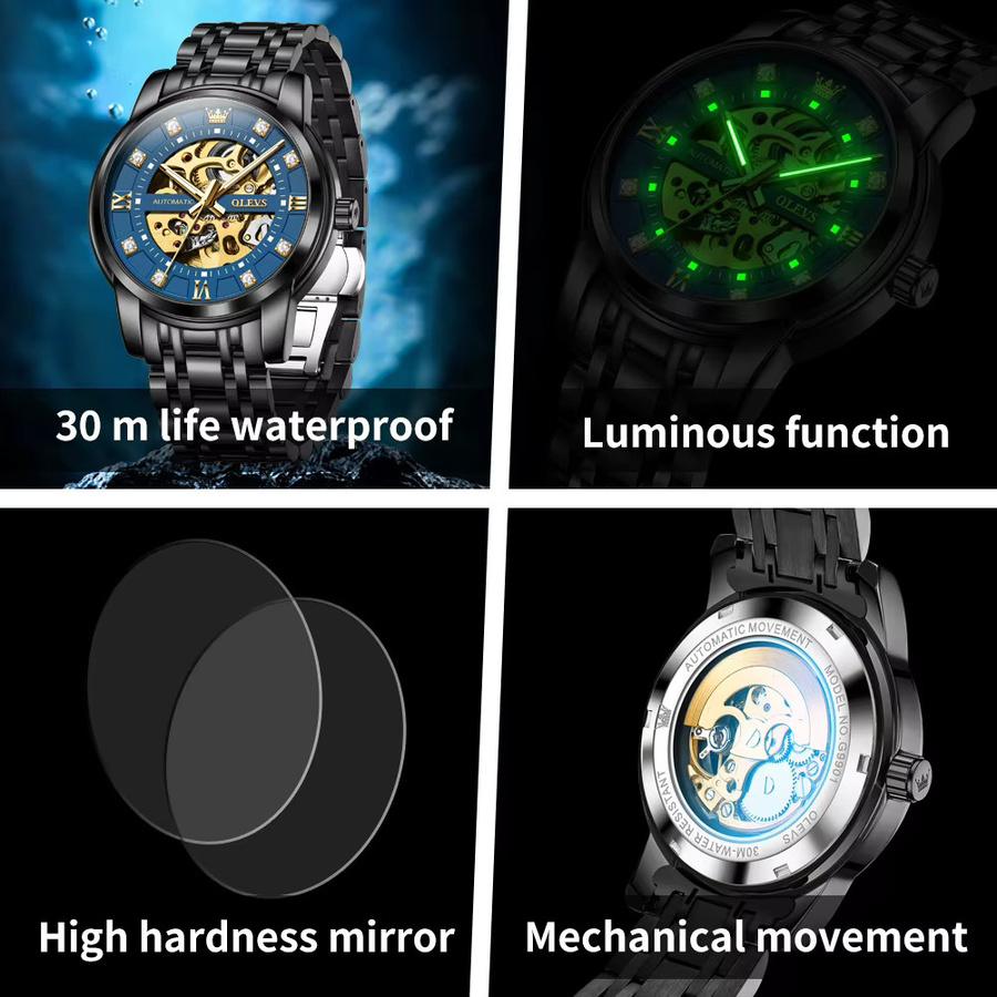 OLEVS Armbanduhr Automatik, Edelstahl, Gold, Herren - Bild 6