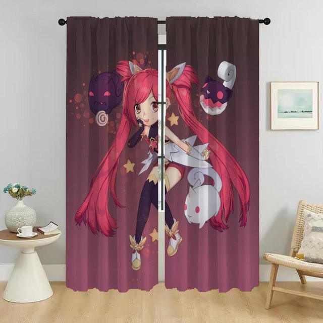 League of Legends Jinx Vorhänge Set aus 2 Stück, halbtransparentes Design, Mehrfarbig, Breite: 50 cm, Höhe: 70 cm - Bild 1