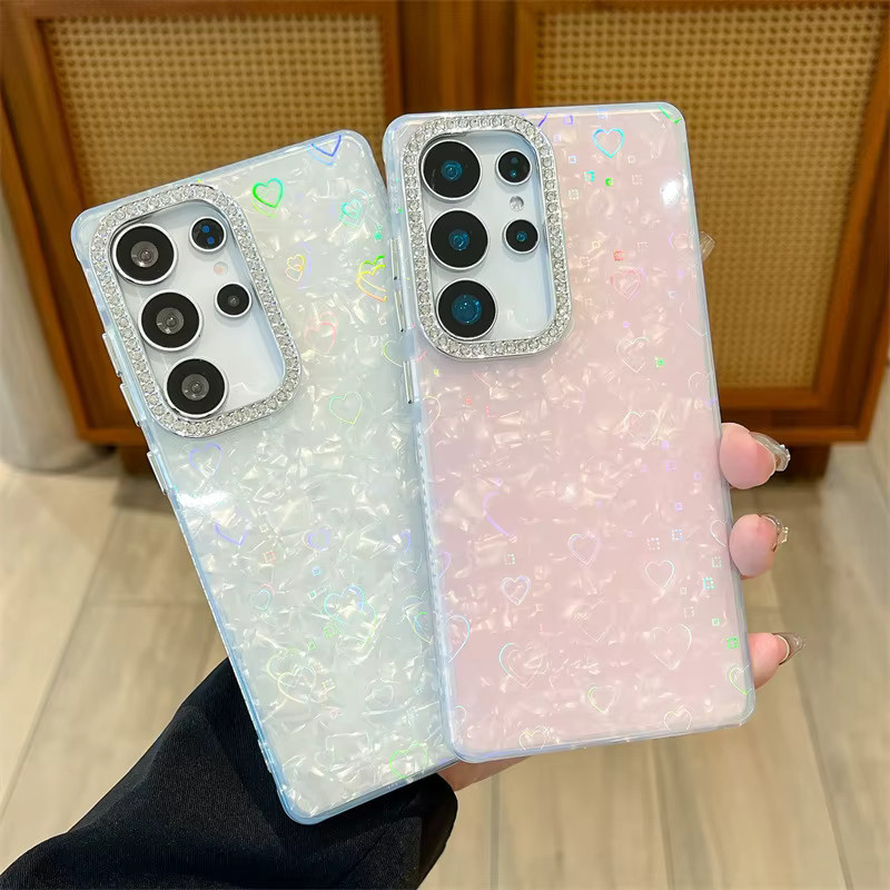 Luxus Glitter Strass Handyhülle mit Herz- und Muschelmuster für Samsung Galaxy S25 S24 FE Ultra Plus in Pink Multicolour - Bild 3