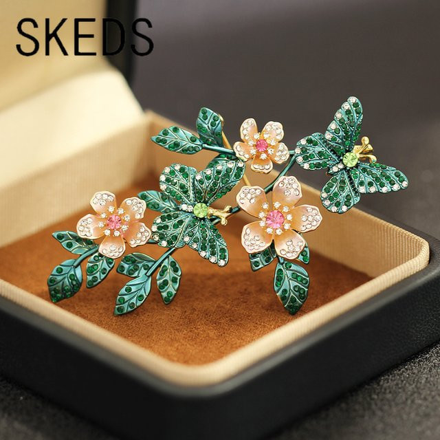 SKEDS Brosche, Rosa Blume und grüner Schmetterling, Kristall, Damen - Bild 1