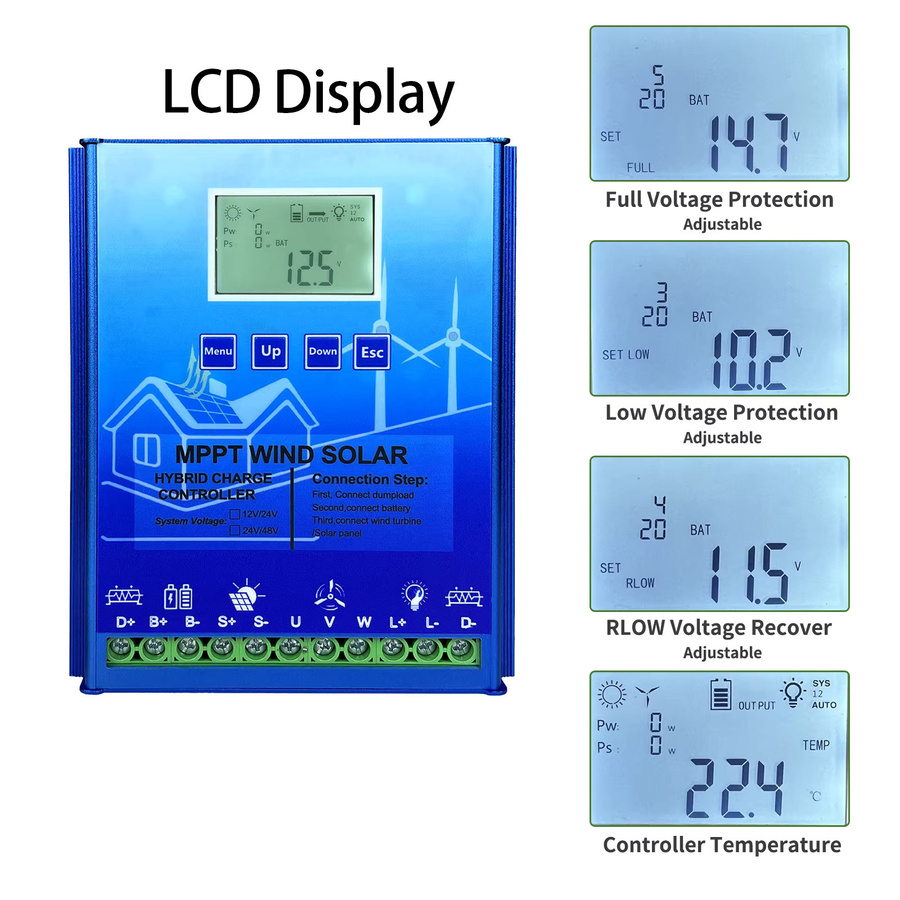 HXCONTROLLER MPPT Hybrid Wind-Solar-Laderegler 2000W 3000W für 12V/24V/48V Windturbinen und Solarpanels in Blau - Bild 4