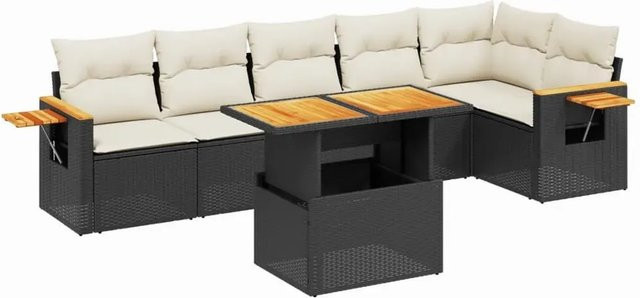 vidaXL 7-teilige Garten-Sofagarnitur in L-Form aus schwarzem PE-Rattan mit Kissen und Akazienholz - Bild 1