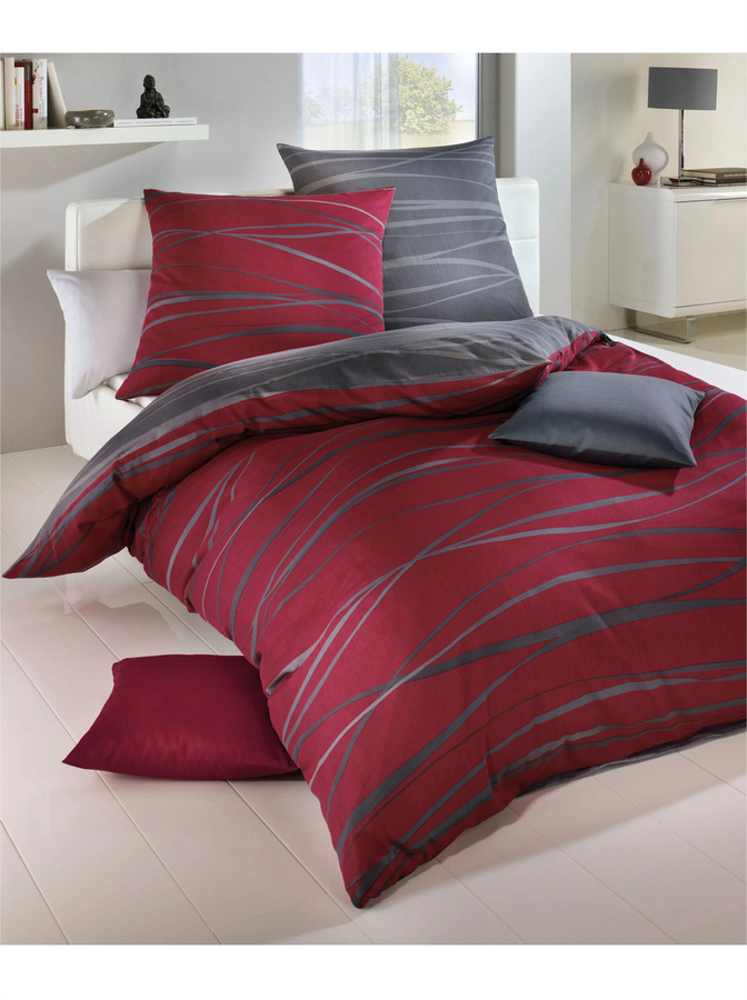 Kaeppel Bettwäsche Graphic Modern Reversible aus Baumwolle mit Reißverschluss, Rot und Anthrazit, 80x80 cm - Bild 2