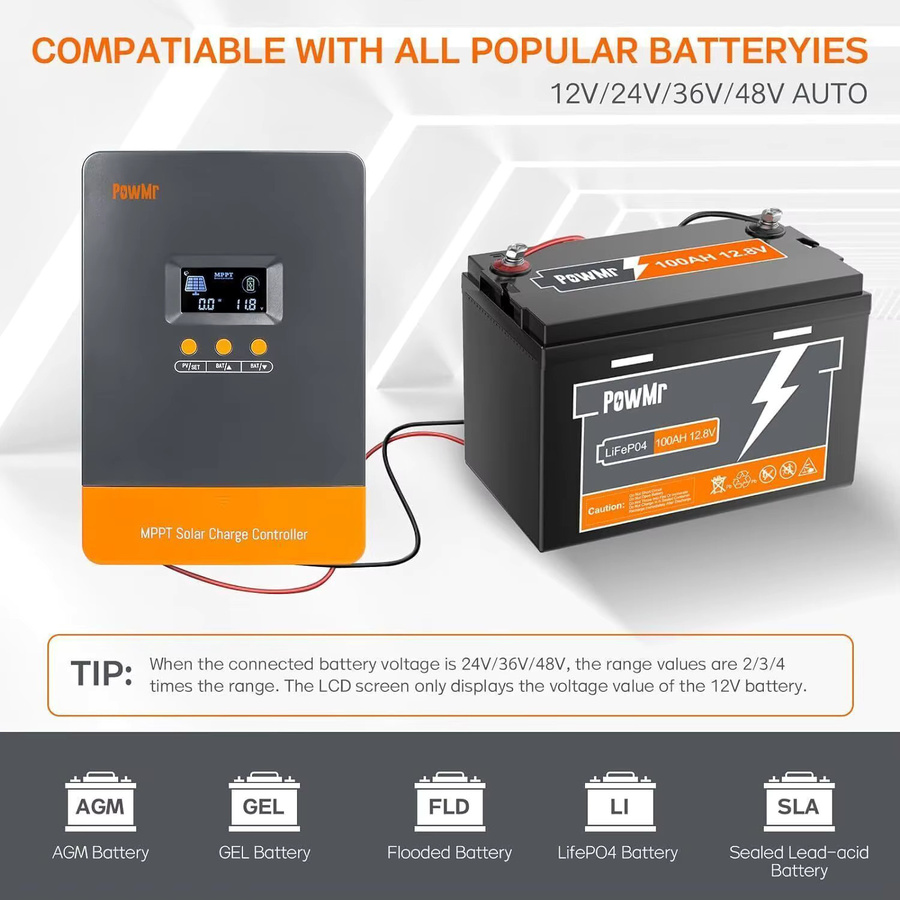 PowMr MPPT Solar-Laderegler 100A für 12V 24V 36V 48V mit Parallelschaltung und mehrstufiger Ladefunktion für Lithium- und Blei-Säure-Batterien - Bild 3