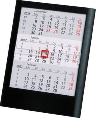 Tisch-Aufstellkalender Standard 2027/2028 mit 24 Seiten und rotem Datumsschieber, Farbe: Schwarz, B: 120 mm, H: 160 mm - Bild 1