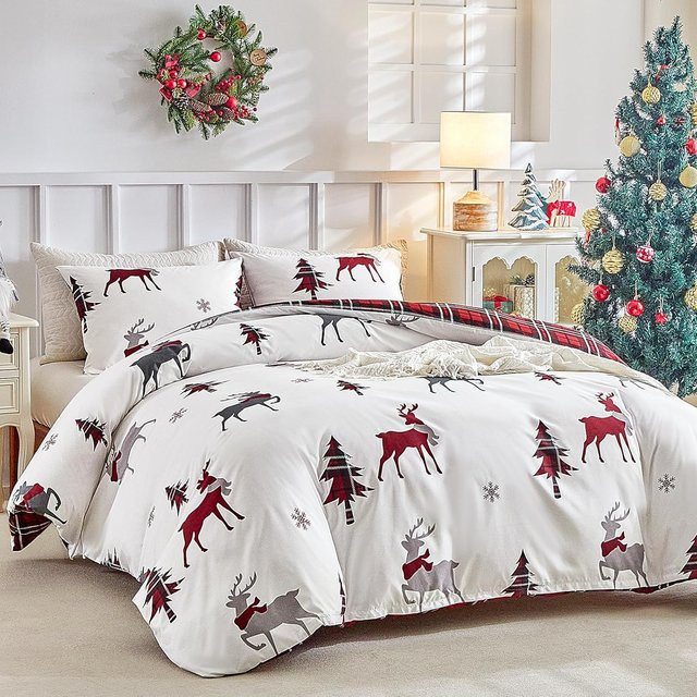 Lodestar Weihnachts Bettwäsche Set mit Rentier-Print aus weicher Mikrofaser, Rot/Weiß, B/H: 240 x 220 cm - Bild 1