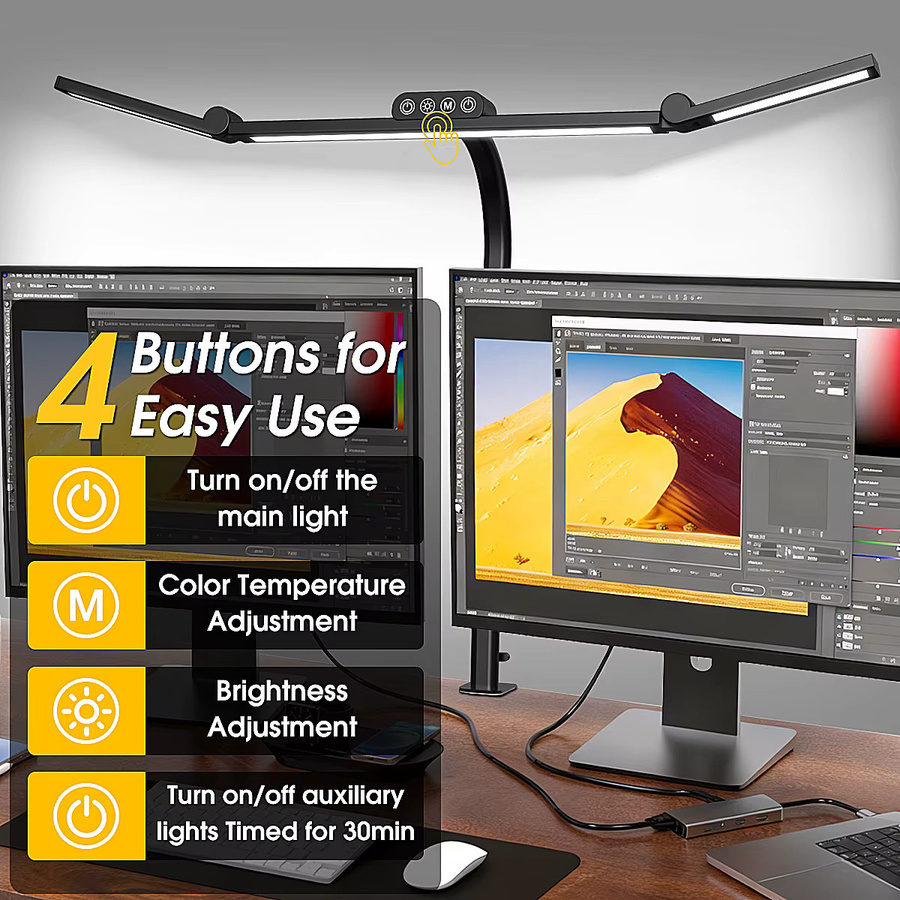 Intelligente LED-Schreibtischlampe mit Doppelkopf und Klemme in Schwarz, verstellbare Arbeitsleuchte für Home Office mit Dimmer und Touch-Bedienung - Bild 3
