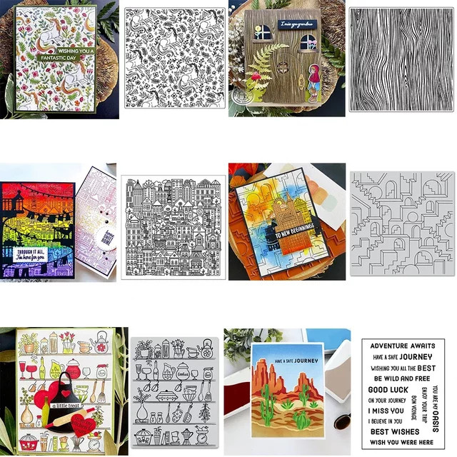 Küchenstempelset für DIY Scrapbooking und Kartenherstellung mit Holzmaserung, Einhorn und geometrischen Stadtmotiven in Mehrfarbig - Bild 1