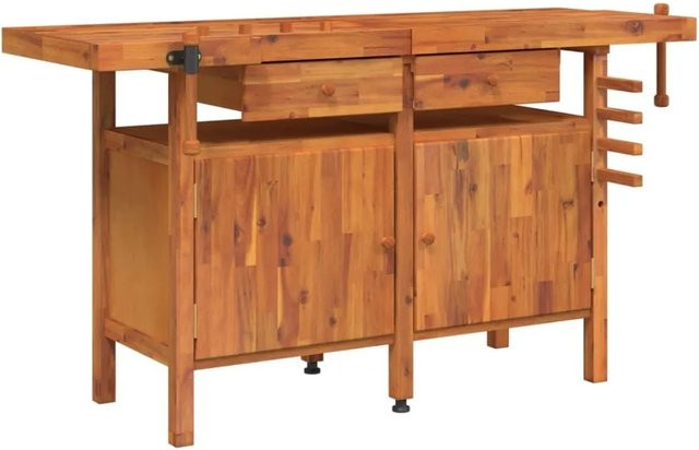 vidaXL Werkbank aus Akazienholz mit Schubladen und Schraubstöcken, Farbe: Braun, B/T/H: 162 x 62 x 83 cm - Bild 1
