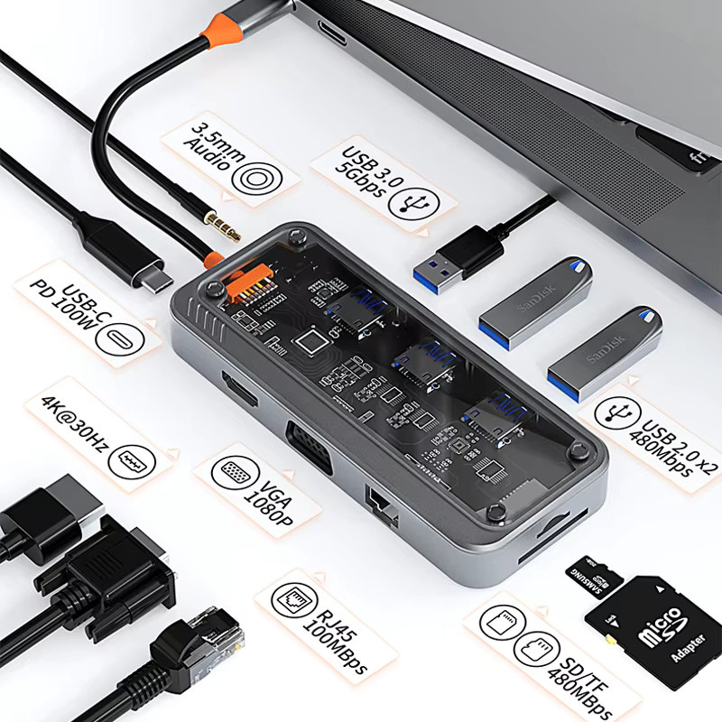 Basix USB-C-Hub mit HDMI, RJ45 Ethernet, SD/TF-Kartenleser und 100W PD Schnellladung für MacBook und Laptop - Bild 3