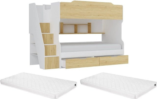 Vente-unique Etagenbett Yalova für Kinder in Naturfarben Hell und Weiß, Höhe: 235,1 cm, B/T: 90 x 190 cm - Bild 1