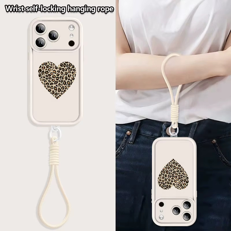 MOESOE Handyhülle mit Leopardenmuster und Herz-Print für iPhone 11 bis iPhone 18 Pro Max inklusive Handgelenkschlaufe aus weichem TPU in Beige und Weiß - Bild 2