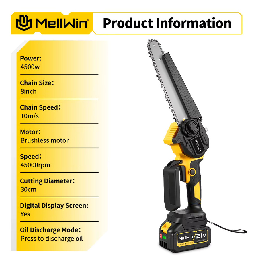 MELLWIN Bürstenlose 8-Zoll-Elektrokettensäge in Gelb für Makita LXT 18V Akku - Bild 6