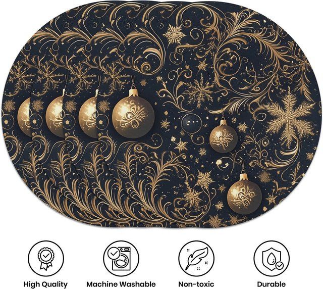 VIKAMA 4-teiliges Set ovale Weihnachts-Tischsets in Dunkelblau mit Goldmuster - Bild 1