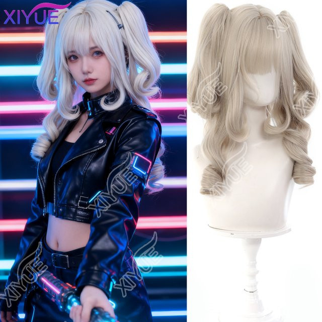XIYUE Lolita Perücke, Synthetisch, Doppel Pferdeschwanz mit Pony, Weiß Grau, Damen - Bild 1