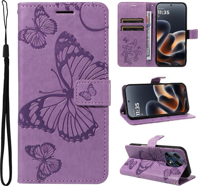 Leder-Brieftaschenhülle mit Schmetterlings-Prägedesign für Motorola Moto Edge 60 70 X70 Air G86 G56 G06 G67 Pro Fusion Power in Grau und Lila - Bild 1