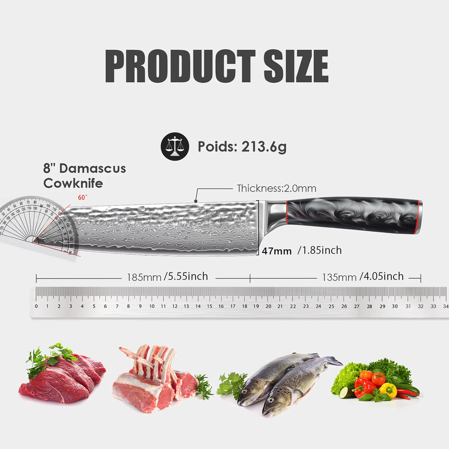 SAEIV Damast-Kochmesser aus 67 Lagen Damaststahl mit schwarzem G10 ergonomischem Griff, 8 Zoll (Breite: 20,32 cm) - Bild 2