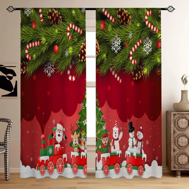 Weihnachts Vorhang von Yiran Furniture mit Elch, Schneemann und Glocken Motiv in Rot und Grün Kariert, B: 55 cm, H: 120 cm - Bild 1