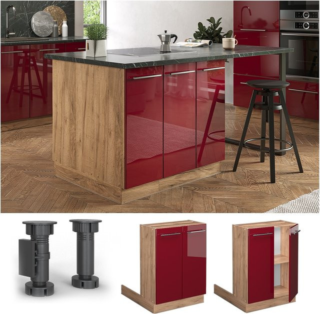Vicco Küchenunterschrank Fame-Line Hochglanz in Eiche und Bordeaux Rot mit Drehtür und Einlegeboden, Breite: 60 cm - Bild 1