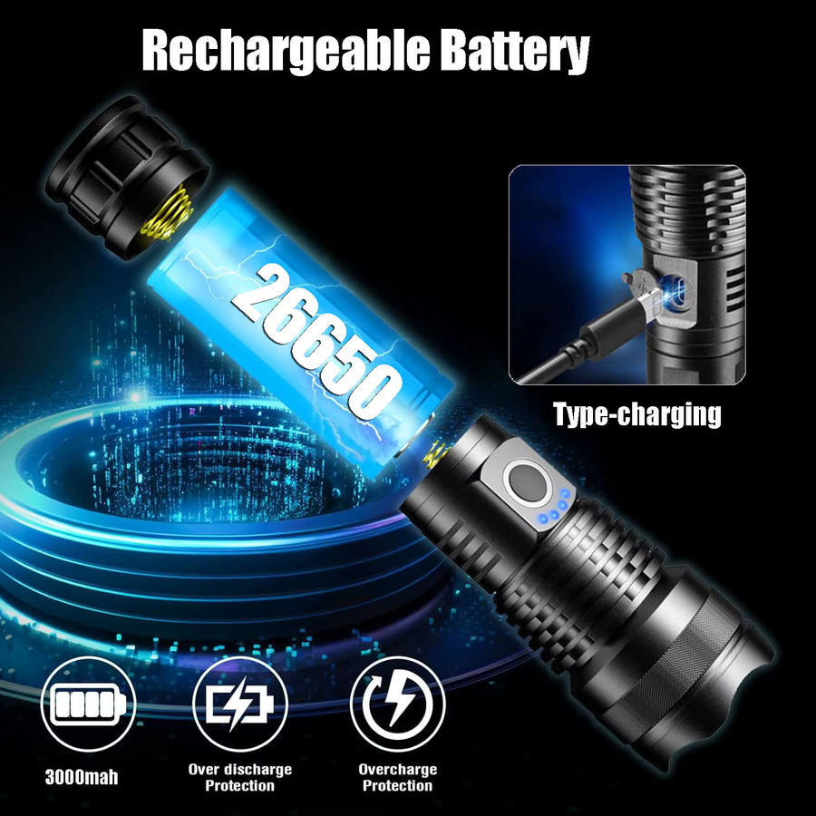 Mikenoon Taktische LED-Taschenlampe aus Aluminiumlegierung in Schwarz, wiederaufladbar für Outdoor und Camping - Bild 4
