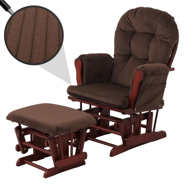 MCW Relaxsessel C76 Schaukelstuhl mit Hocker aus Cord in Braun mit dunklem Holzgestell - Bild 1