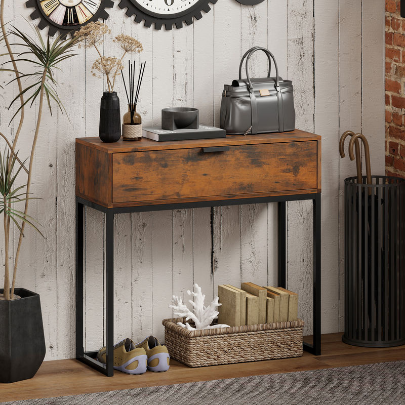HOMCOM Konsolentisch im Industrie-Design mit Schublade und Stahlrahmen, Rustikal-Braun, B/T/H: 80 x 30 x 76 cm - Bild 2
