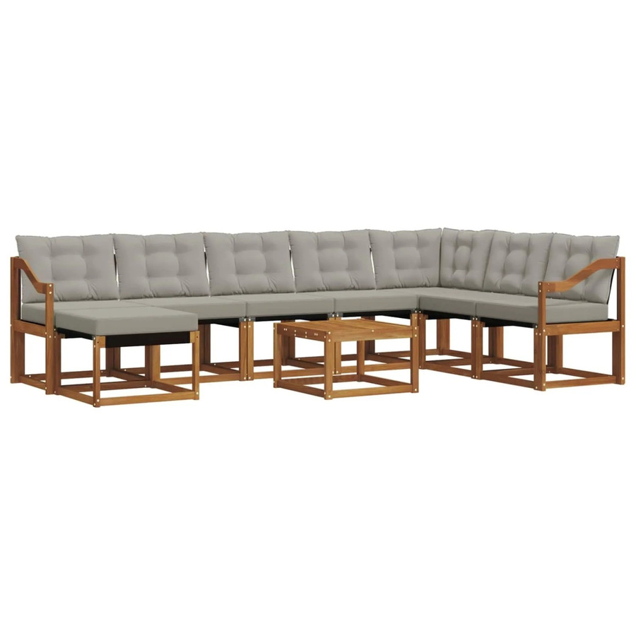vidaXL Outdoor-Sofagarnitur 9-teilig aus Akazienholz und Textilene in Natur und Hellgrau mit Kissen und Armlehnen - Bild 2