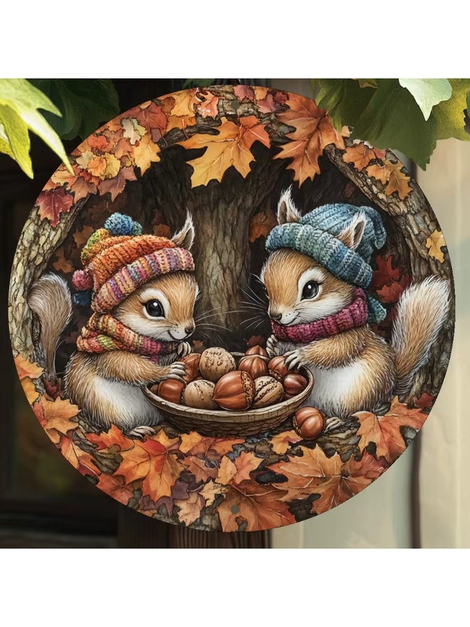 Rundes Wandkunstschild aus Aluminium von Potdemiel mit Eichhörnchen und Nüssen im Vintage-Stil, Mehrfarbig, Durchmesser: 20 cm - Bild 6