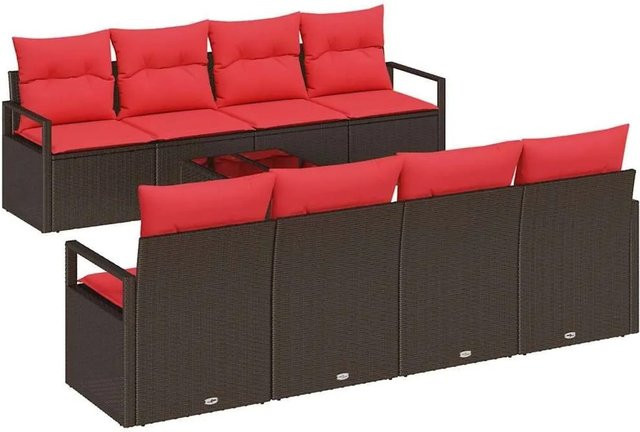 vidaXL Sofa Set aus Poly Rattan in Braun und Rot mit 7-teiligem Zubehör und Kissen - Bild 1