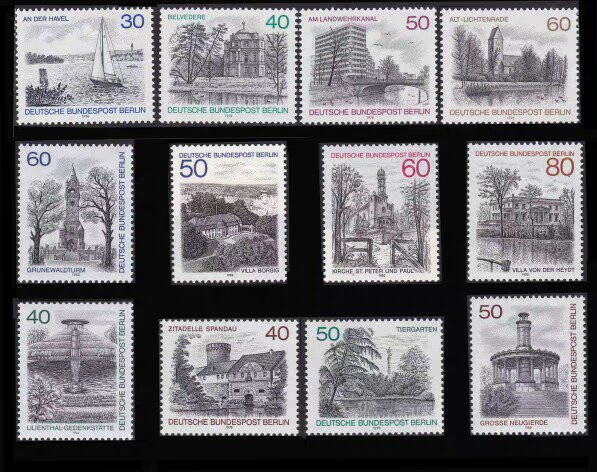 Briefmarken-Set West Berlin Poststempel 1976-1982 mit Landschaftsmotiven, 12 Teile, mehrfarbig - Bild 1