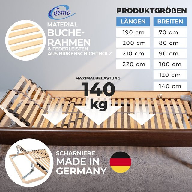 Coemo 7-Zonen-Lattenrost Ergo mit verstellbarem Kopfteil aus Buche und Birke, B/T: 80 x 200 cm, braun - Bild 2