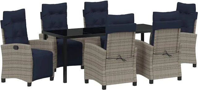 vidaXL Garten Essgruppe 7-teilig aus Poly-Rattan mit Glasplatte und Kissen in Grau - Bild 1