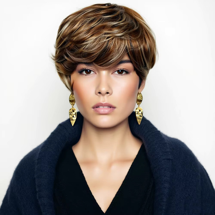 OYM HAIR Braune Highlight-Perücke, Pixie-Schnitt, Echthaar, Damen - Bild 3