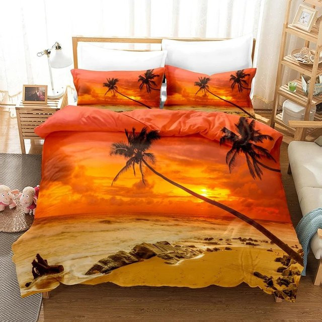 Goldon Bettwäscheset Sonnenuntergang Tropischer Strand mit Bettbezug und Kissenbezug, Mehrfarbig Orange, B/H: 135 x 200 cm - Bild 1