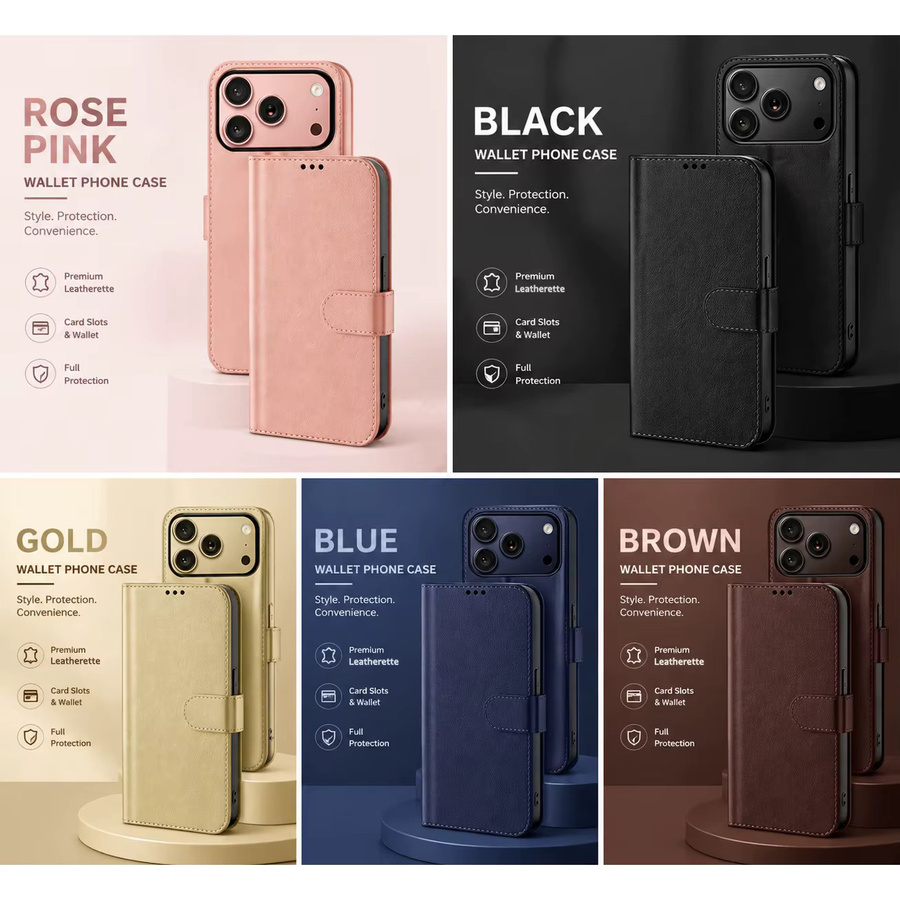 VRNOEI Kunstleder Kartenetui Hülle für iPhone mit Magnetverschluss und Kartenhalter in Pink oder Blau - Bild 5