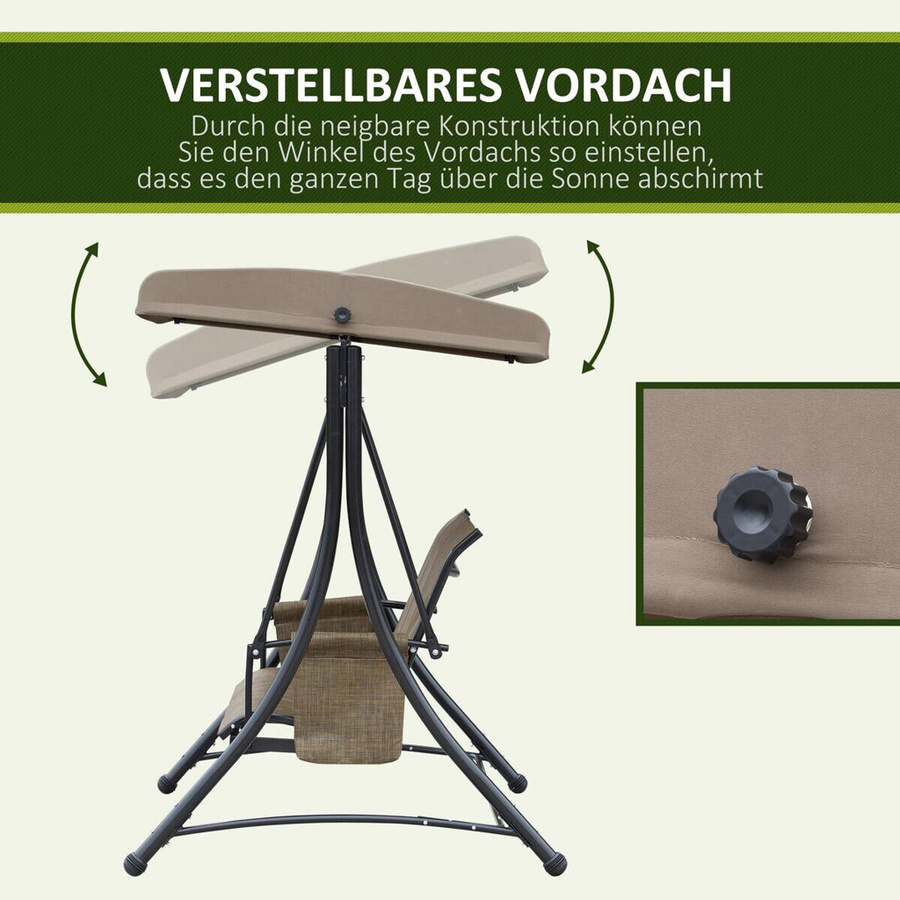Outsunny Hollywoodschaukel 3-Sitzer mit Sonnendach und Seitentaschen in Braun, B/T/H: 196 x 128 x 172 cm - Bild 3