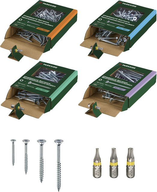 Parkside Spanplattenschrauben- und Dübelsortiment aus Stahl und Nylon, 920-teilig - Bild 1