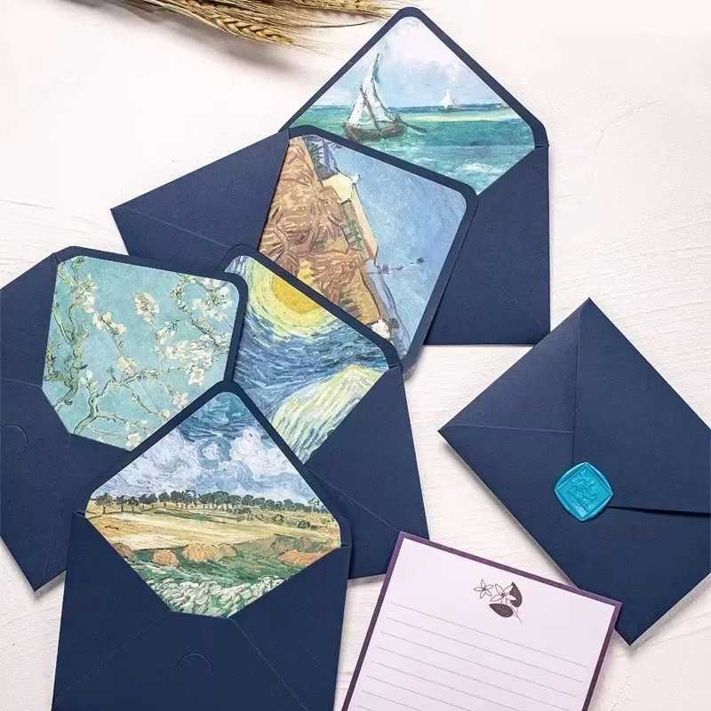 5 Stück Van-Gogh Briefumschläge in Blau mit Futter für romantische Einladungen und Postkarten - Bild 3
