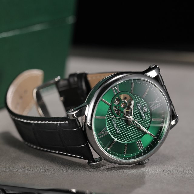 FORSINING Armbanduhr Automatik, Edelstahl, Leder, Herren, Grün - Bild 1
