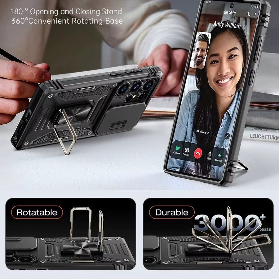 Samsung Faltbare Standhülle mit Panzergestell für Samsung Galaxy S26 S25 S24 S23 Plus Ultra, Sturzsicher nach Militärstandard mit Schiebeobjektivschutz, Schwarz - Bild 2