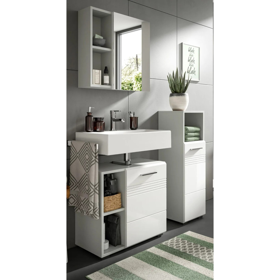 Inn.Furn Badmöbel-Set Carlo in Weiß Hochglanz und Grau, 3-teilig mit Waschtischunterschrank, Spiegelschrank und Seitenschrank, Breite: 105 cm - Bild 2