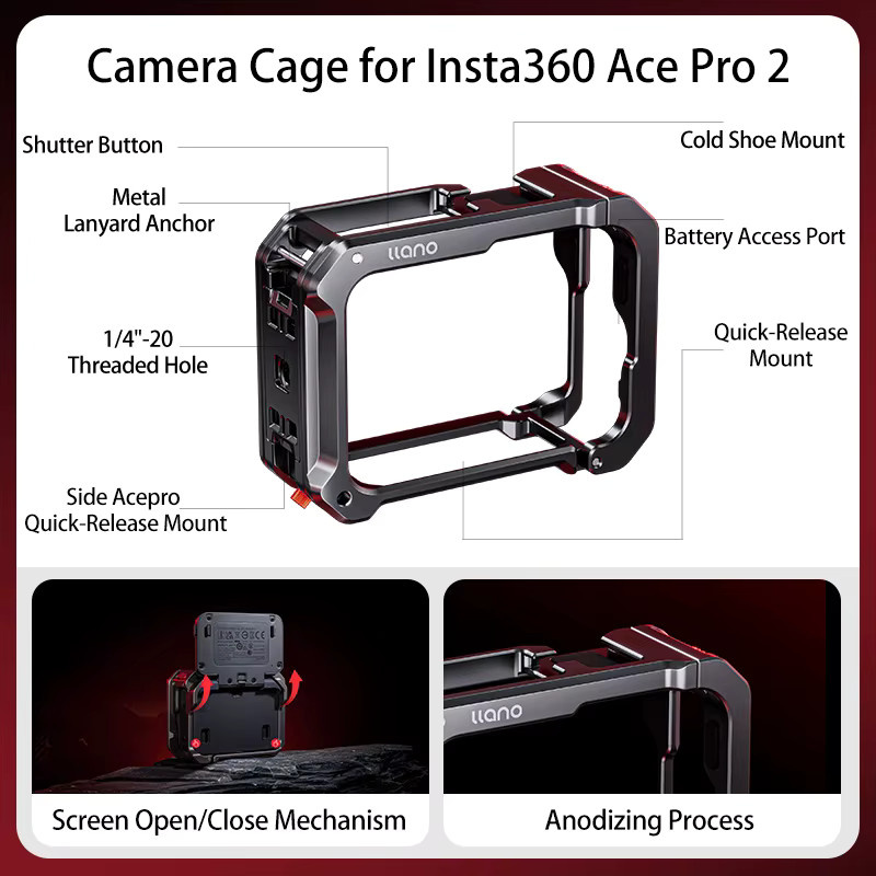 llano Aluminium-Käfiggehäuse für Insta360 Ace Pro und Ace Pro 2 Action-Kamera in Schwarz - Bild 2