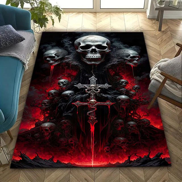 Creativity Home Textiles Teppich mit Schädel- und gotischem Muster in Schwarz, rutschfest und waschbar, B x T: 100 x 150 cm - Bild 1